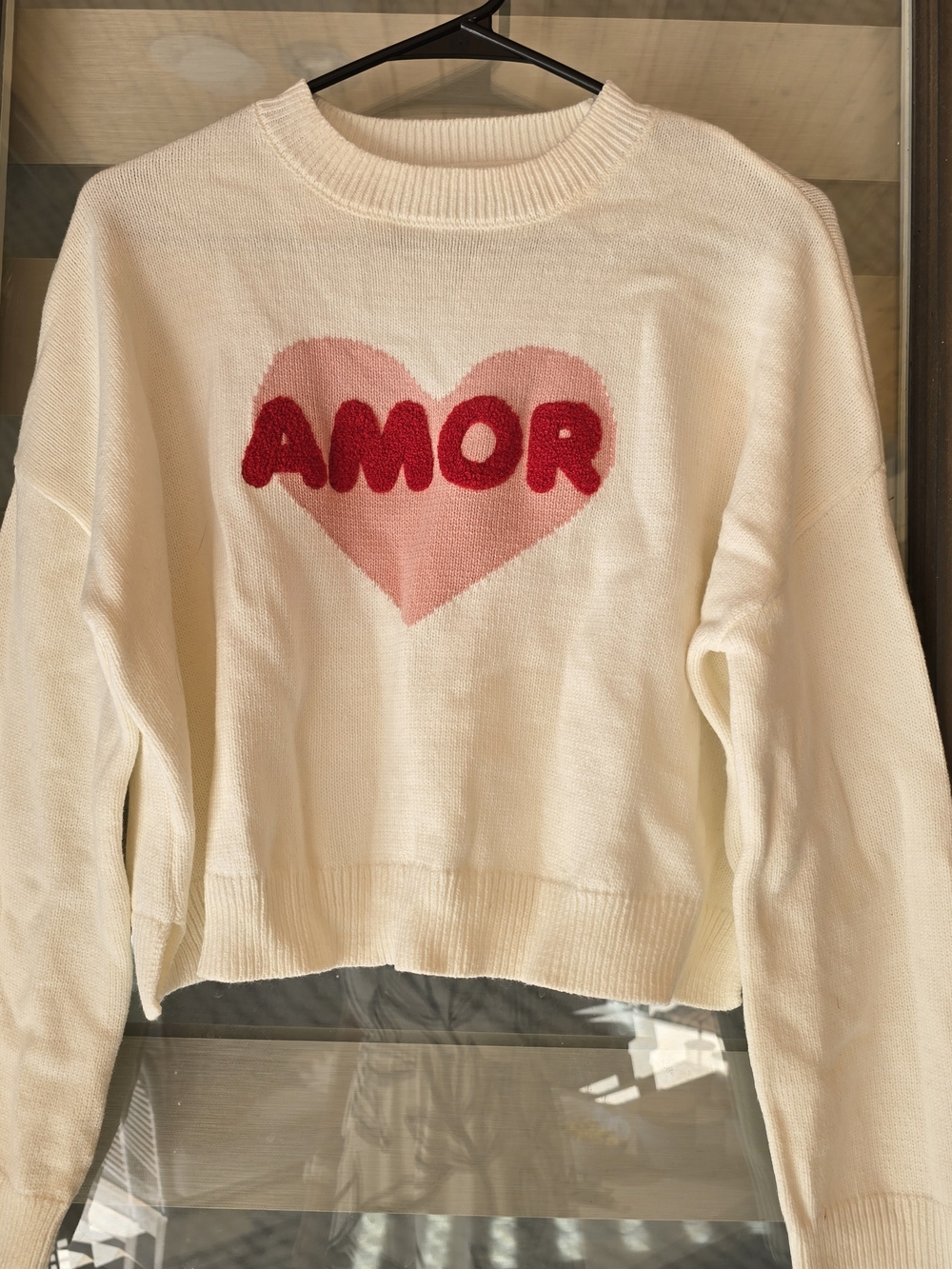 Jessica Simpson Cream Crewneck Sweater with Pink Heart and Red 'AMOR'